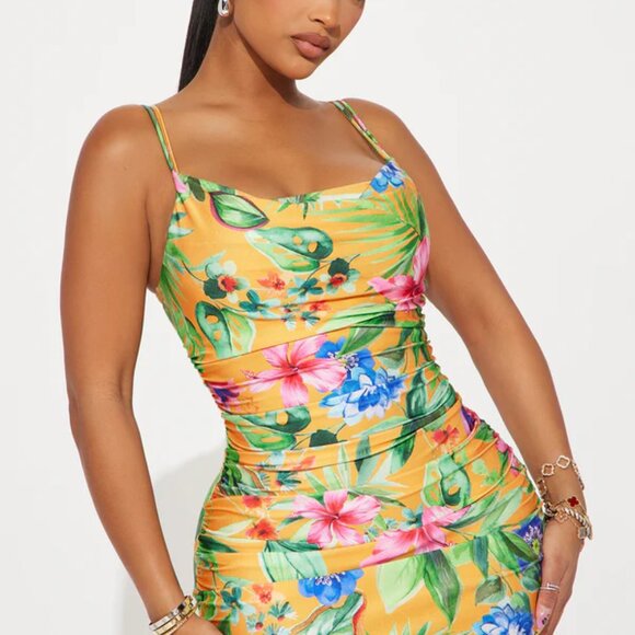 Fashion Nova Tempest Tropical Satin Midi Dress - Orange Size Large - Picture 4 of 5